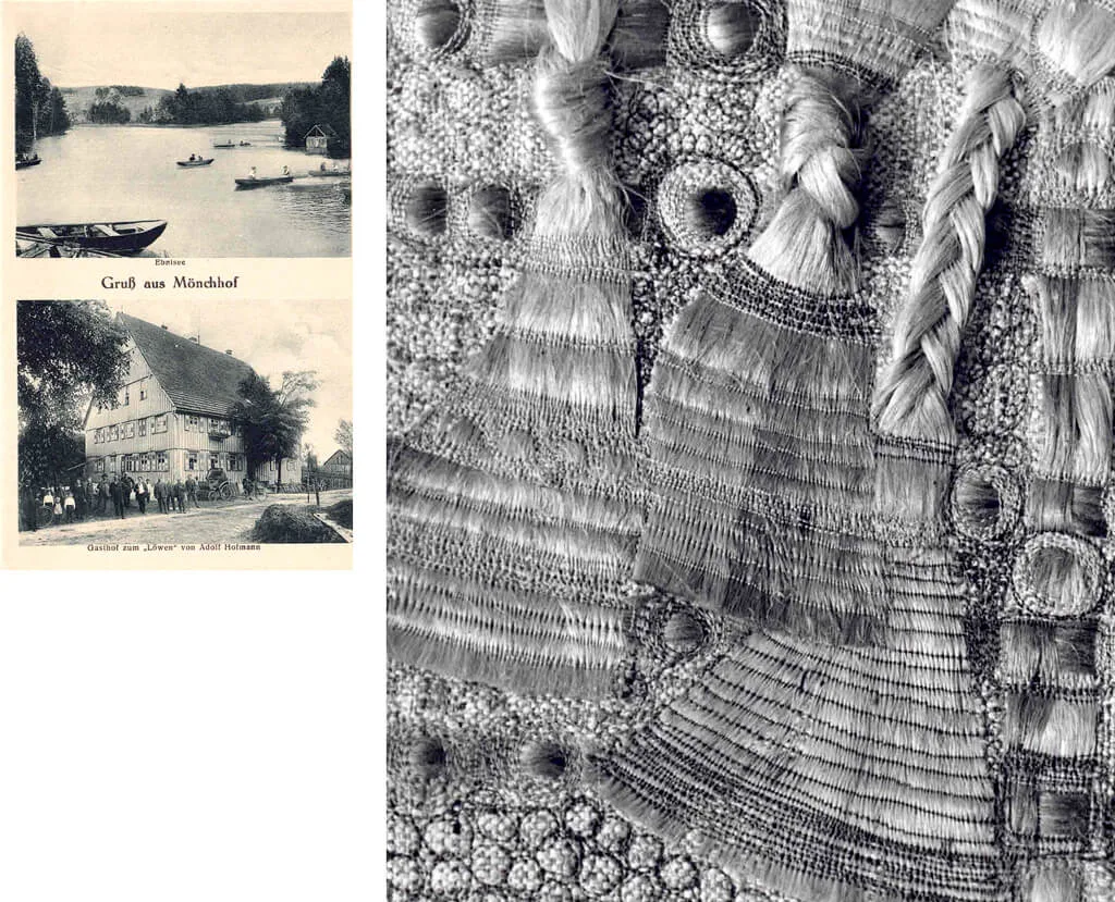links: eine historische aufnahme des mönchhofs rechts: plastische verwendung von pferdehaar und sisal. ausschnitt einer fotografie im schriftarchiv LoHos, In Privatbesitz